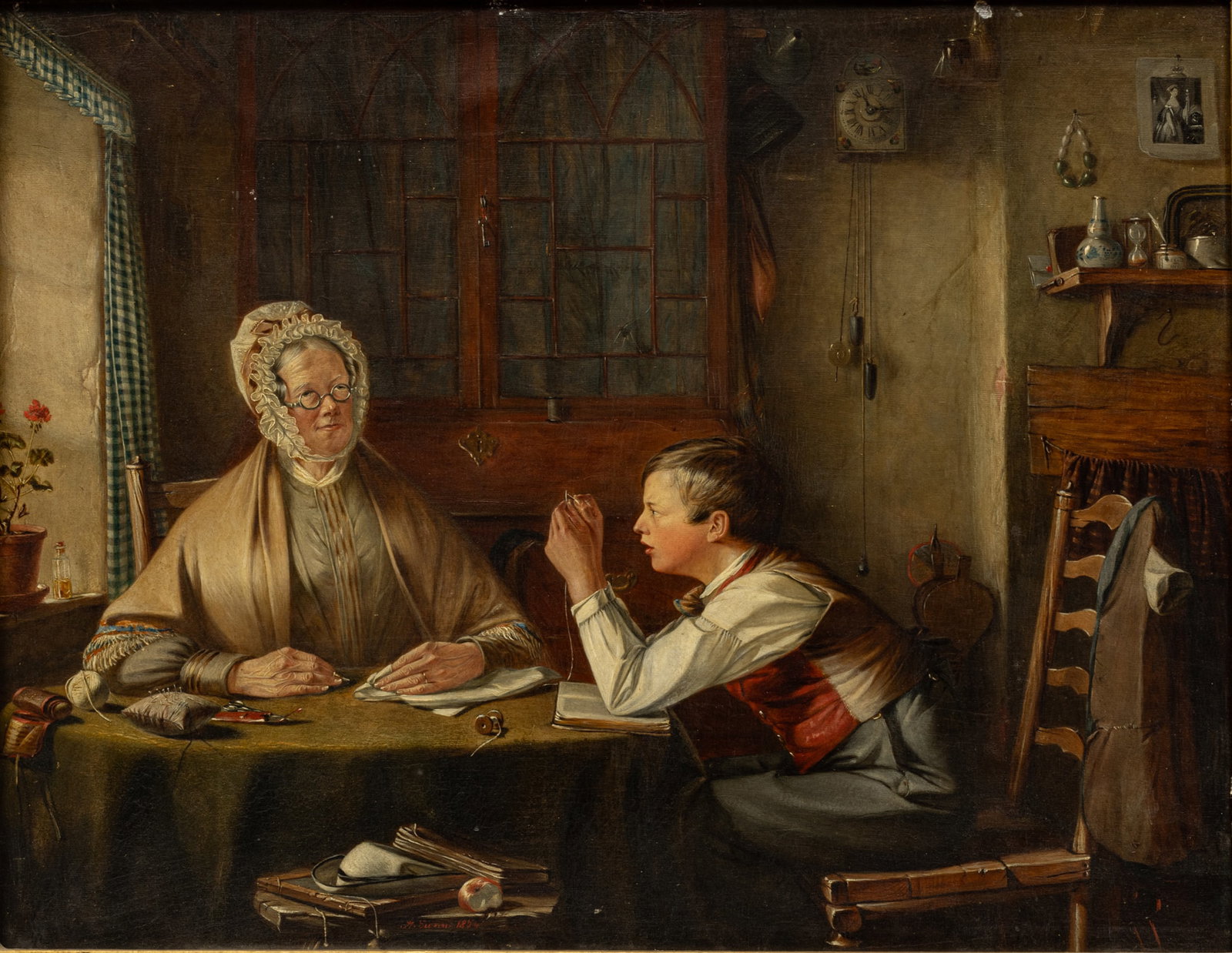 A. Gunn (British (Exhibited 1849-1871)) Oil on Board 1854, "Helping Grannie", H 14" W 18": A. Gunn (British (Exhibited 1849-1871)) Oil on Board 1854, "Helping Grannie", H 14" W 18" | Depicting a boy threading a needle as his grandmother is at a table by a window. Signed and dated: "A. Gunn 