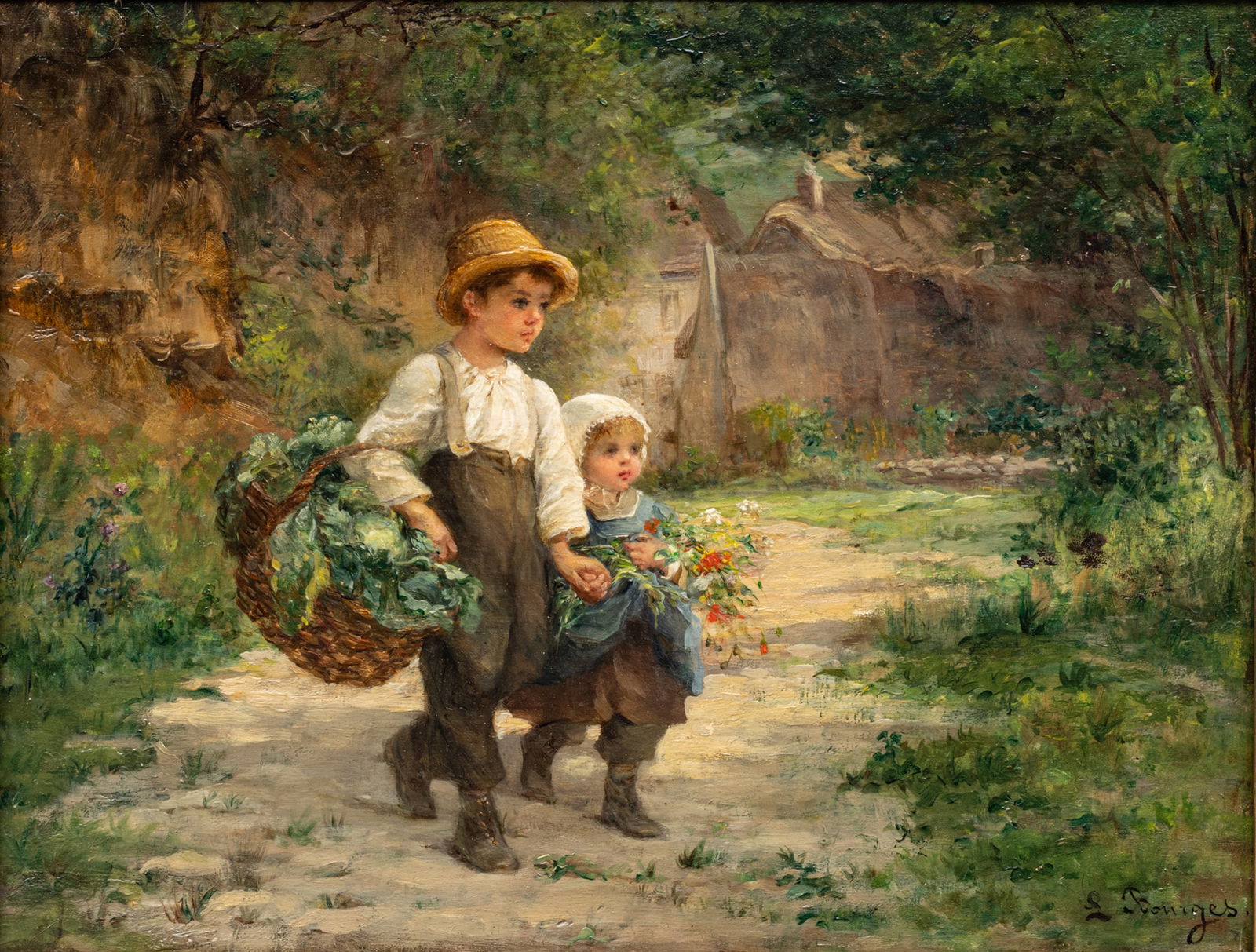 Pauline Elise Leonide Bourges (French, 1838-1910) Oil on Panel, 19th C., "Brother And Sister on a (1 of 10)