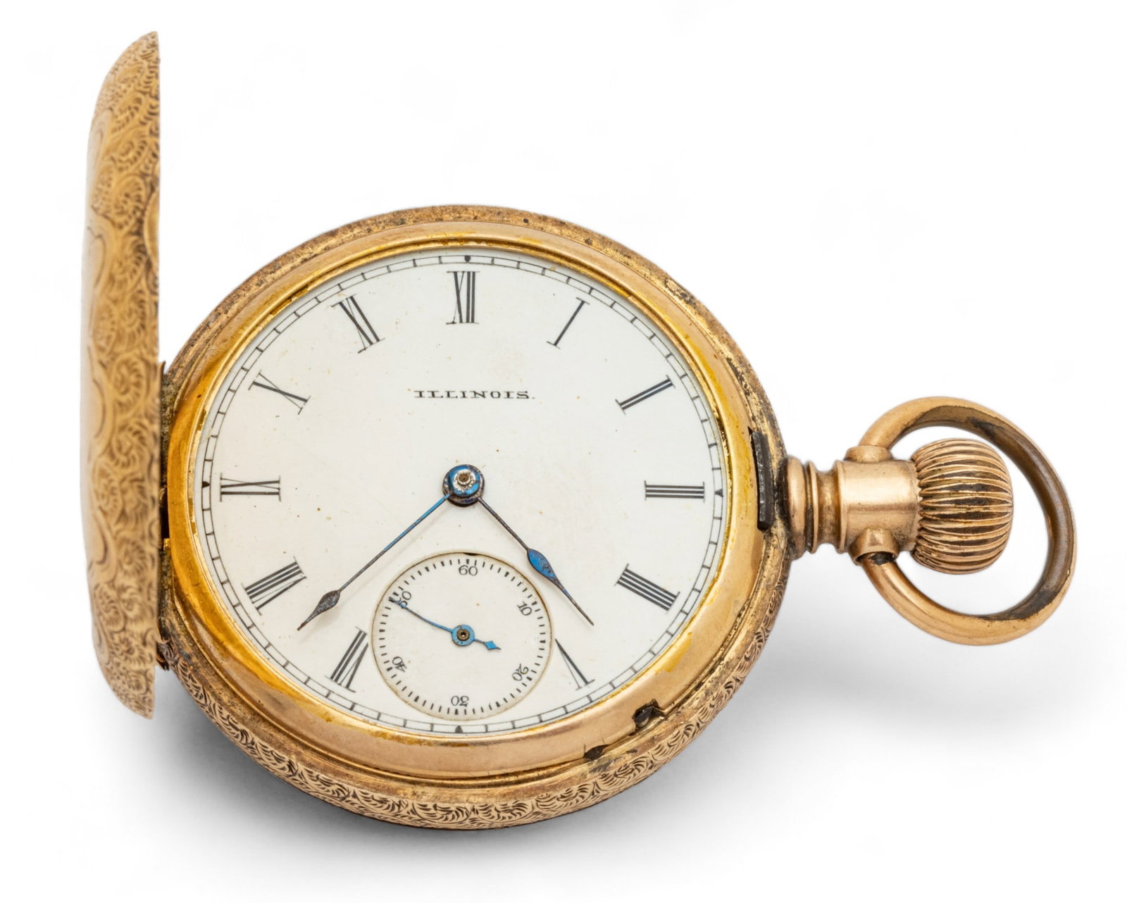 Illinois Watch Company (American) Gold Filled Pocket Watch, Ca. 1910, Dia. 1.5": Illinois Watch Company (American) Gold Filled Pocket Watch, Ca. 1910, Dia. 1.5" | the dial offers Roman numeral hour markers with blue steel hands and second subdial. the Hunter case is gold filled wi