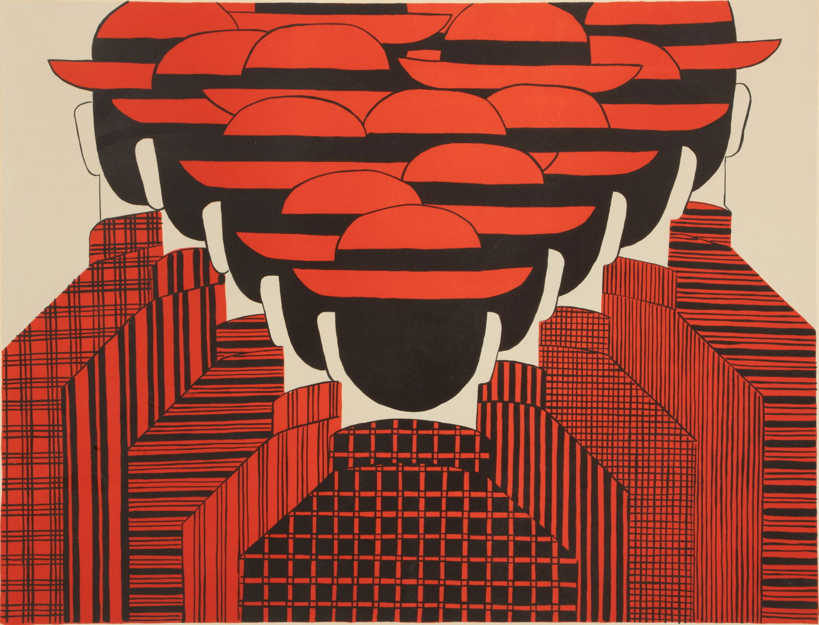 Yannis Gaitis (Greek, 1923-1984) Silkscreen on Wove Paper, "Red Men", H 10.5" W 25.25": Yannis Gaitis (Greek, 1923-1984) Silkscreen on Wove Paper, "Red Men", H 10.5" W 25.25" | Signed and edition number (93/250) to the lower right in pencil with Circle Gallery blind stamp to the lower le