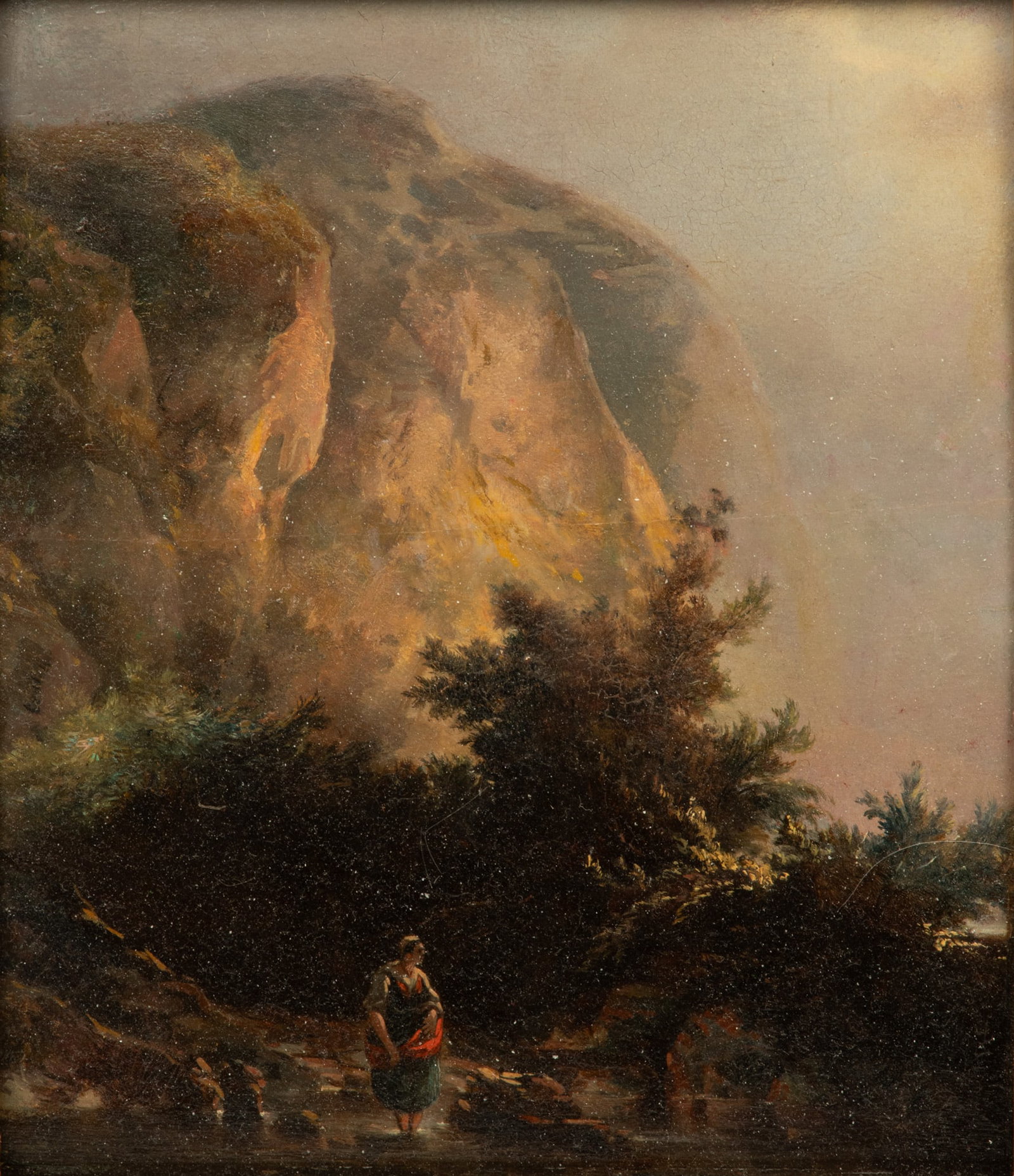 Émile Henry Keymeulen (Belgian, 1840-1882) Oil on Mahogany Panel, "Woman Standing in a Mountain: Émile Henry Keymeulen (Belgian, 1840-1882) Oil on Mahogany Panel, "Woman Standing in a Mountain Stream", H 13" W 11" | Emile Keymeulen, Bruxelles red wax seal on panel verso. Depicting a young wo