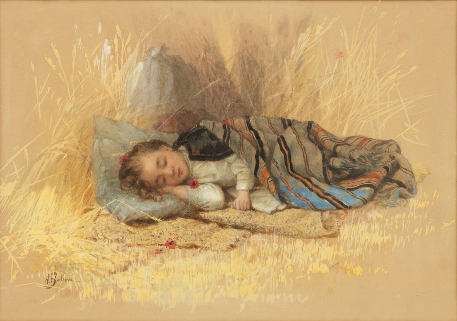 Albert Fitch Bellows (American, 1829-1883) Gouache on Paper, "Sleeping Child in Wheat Field", H 12": Albert Fitch Bellows (American, 1829-1883) Gouache on Paper, "Sleeping Child in Wheat Field", H 12" W 17" | Signed in the lower left. Depicting a young girl sleeping among stalks of wheat. Matted and