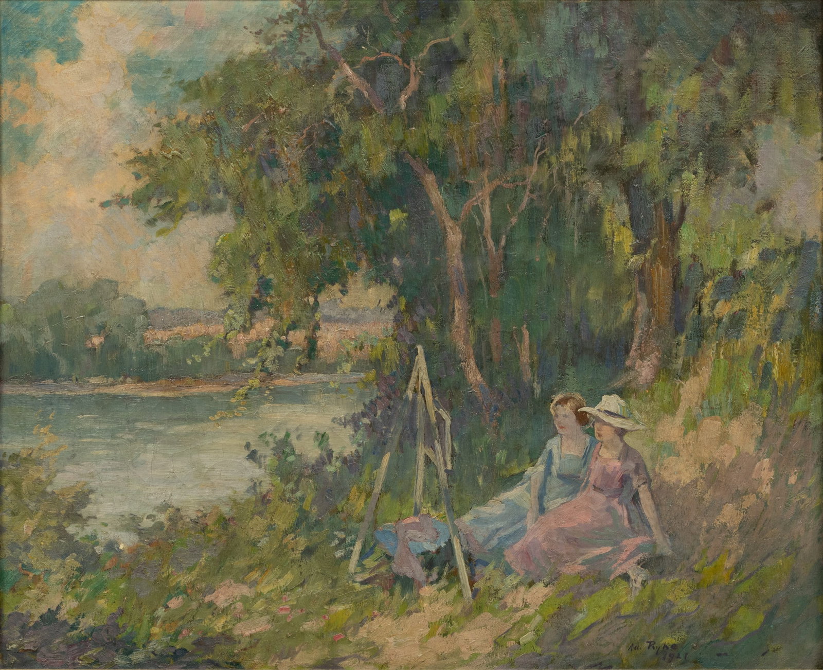 Walter Henry Rike (American, 1898-1974) Oil on Canvas, 1921, H 18" W 22": Walter Henry Rike (American, 1898-1974) Oil on Canvas, 1921, H 18" W 22" | Signed and dated in the lower left. Impressionist scene of two women in landscape - one of whom is an artist with floor easel