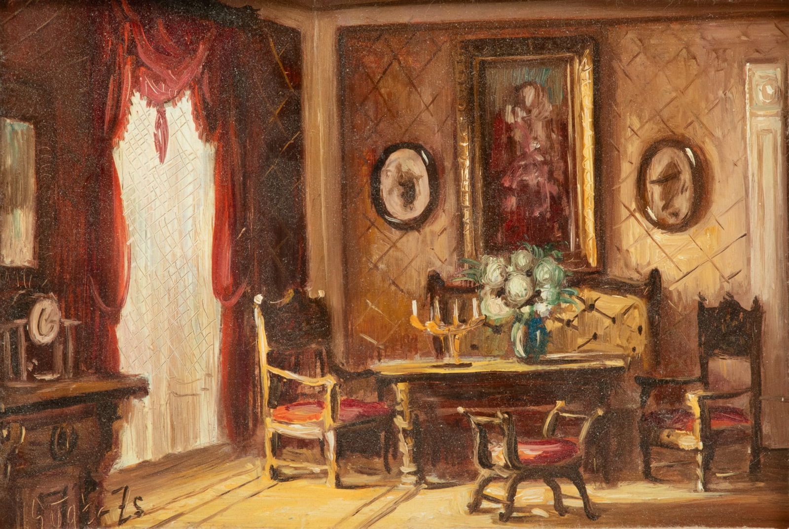 Zsuzsanna Suger (Budapest, B. 1939) Oil on Board, "Interior Scene", H 5" W 7" (1 of 5)