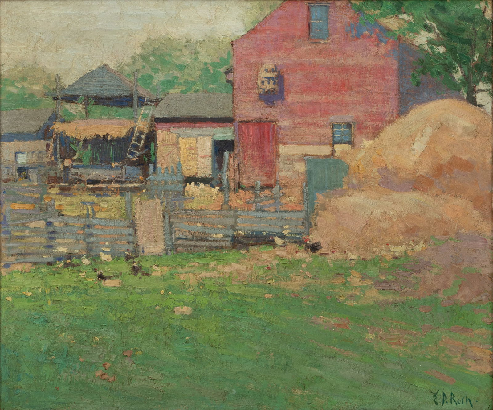 Ernest Roth (American, 1879-1964) Oil on Canvas, Red Farmhouse H 22" W 26" (1 of 4)