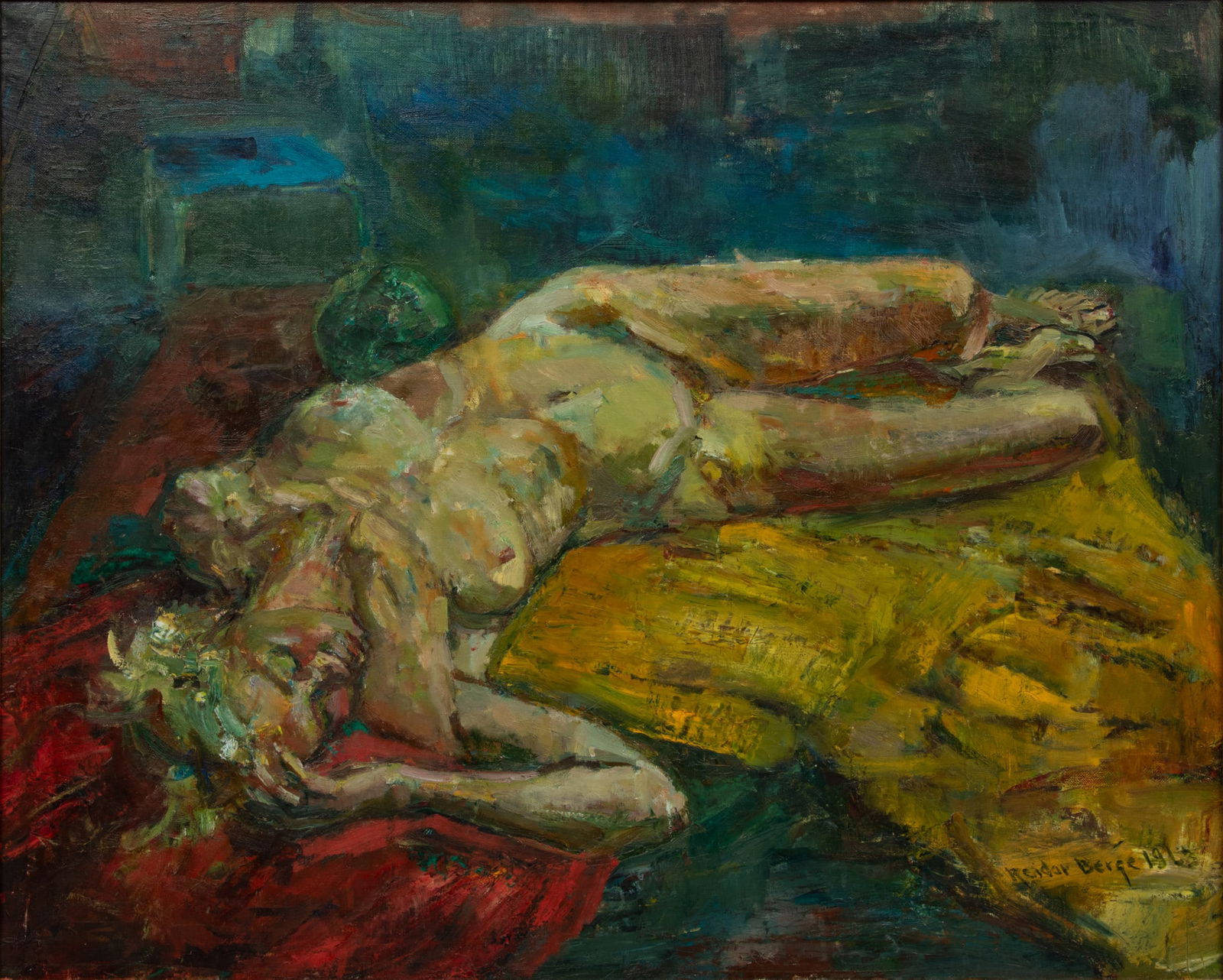 Reidar Berge (Norwegian, 1922-2006) Oil on Canvas, 1963, "Recumbent Nude", H 32" W 40" (1 of 5)