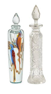 Richard Jolley "Parrot" & Brilliant Period Cut Glass Perfume Bottles H 10" 2 pcs: Richard Jolley "Parrot" & Brilliant Period Cut Glass Perfume Bottles H 10" 2 pcs | Hand cut crystal H 10"circa 1900. Second crystal cologne circa 1960 with design of two parrots signed by Richard Joll