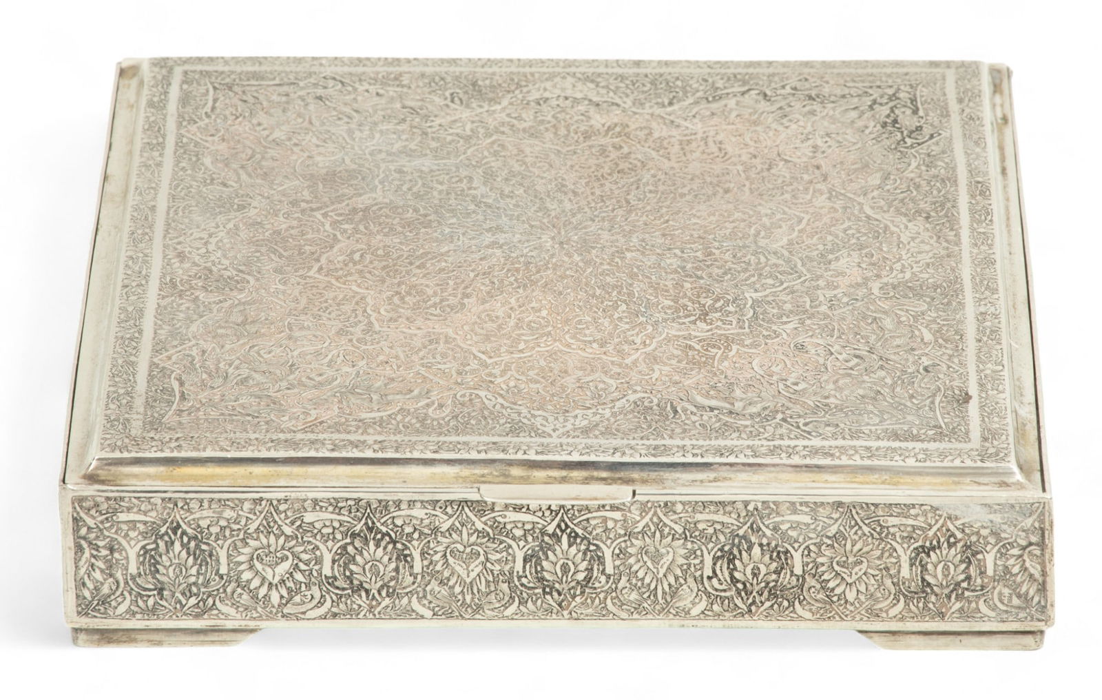 Persian .840 Silver Hinged Box, Ca. 20th C., H 1.25" W 6.4" L 6.4" (1 of 5)