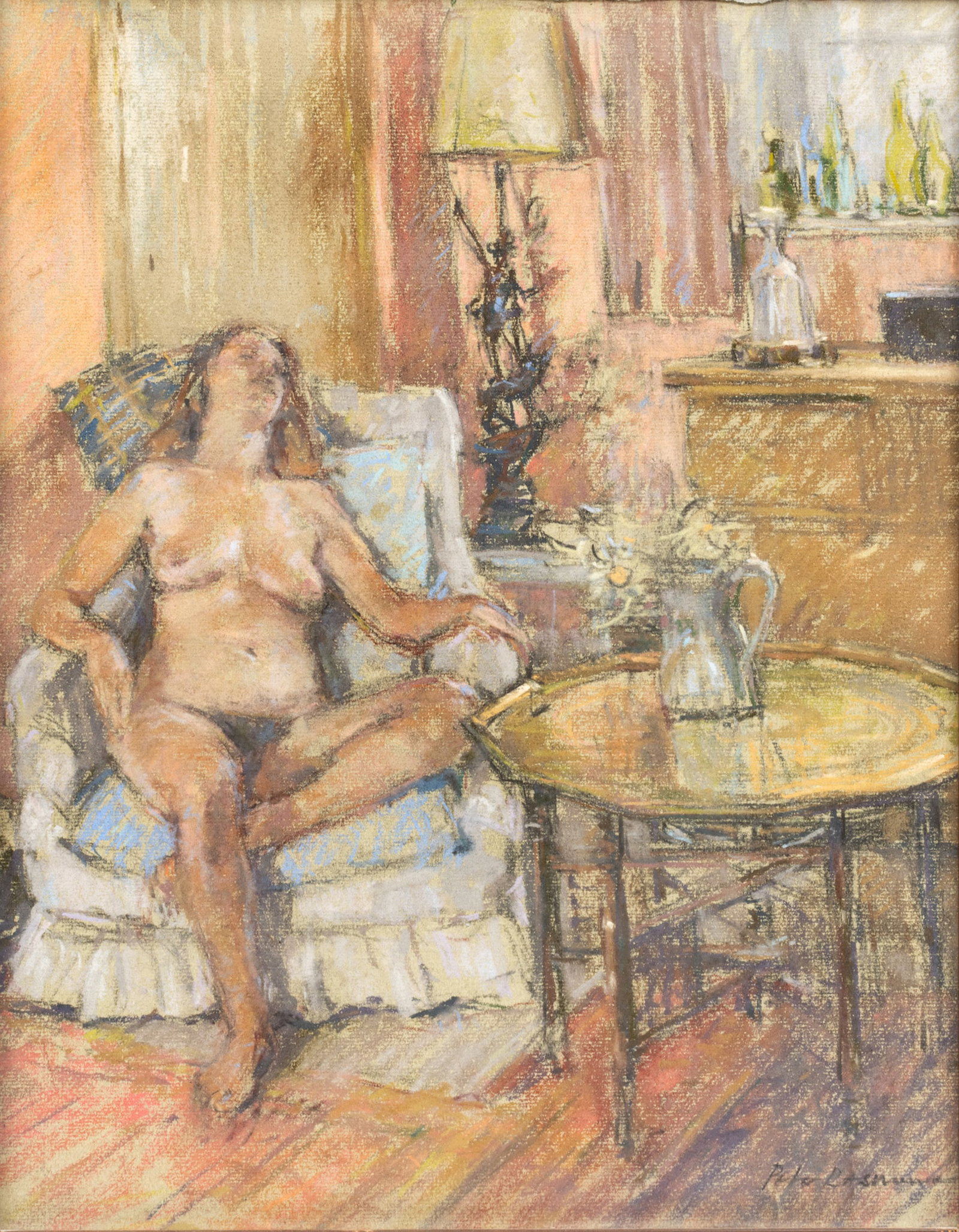 Peter Augustave Rasmussen (British, B. 1927) Pastel on Paper, "Nude Seated in Chair", H 18" W 14": Peter Augustave Rasmussen (British, B. 1927) Pastel on Paper, "Nude Seated in Chair", H 18" W 14" | Signed in the lower right. Interior scene with a nude female figure sleeping in an armchair. Label o