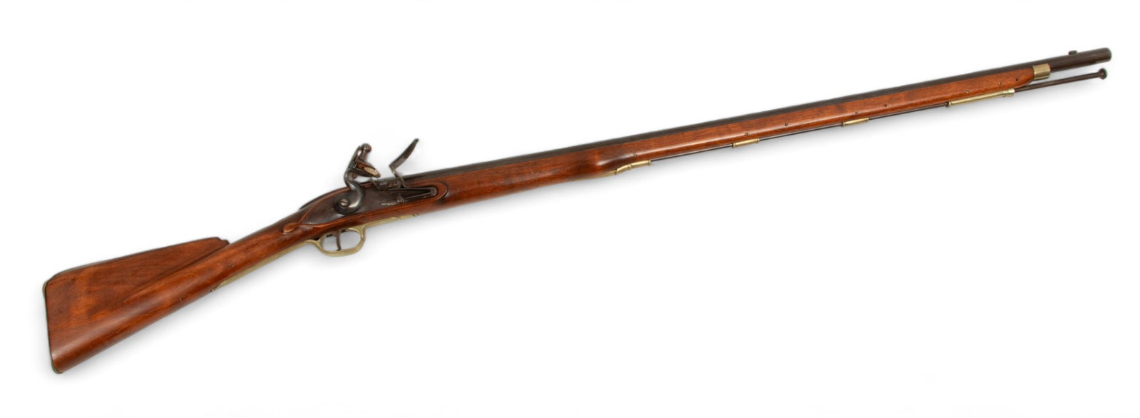 Dixie Gun Works 'Brown Bess' Flintlock Rifle, Ca. 1970s, L 58": Dixie Gun Works 'Brown Bess' Flintlock Rifle, Ca. 1970s, L 58" | Modern reproduction of a classic flintlock. 41.5" circular barrel marked Dixie Gun Works Japan 175. Lock marked "Tower" with crown over