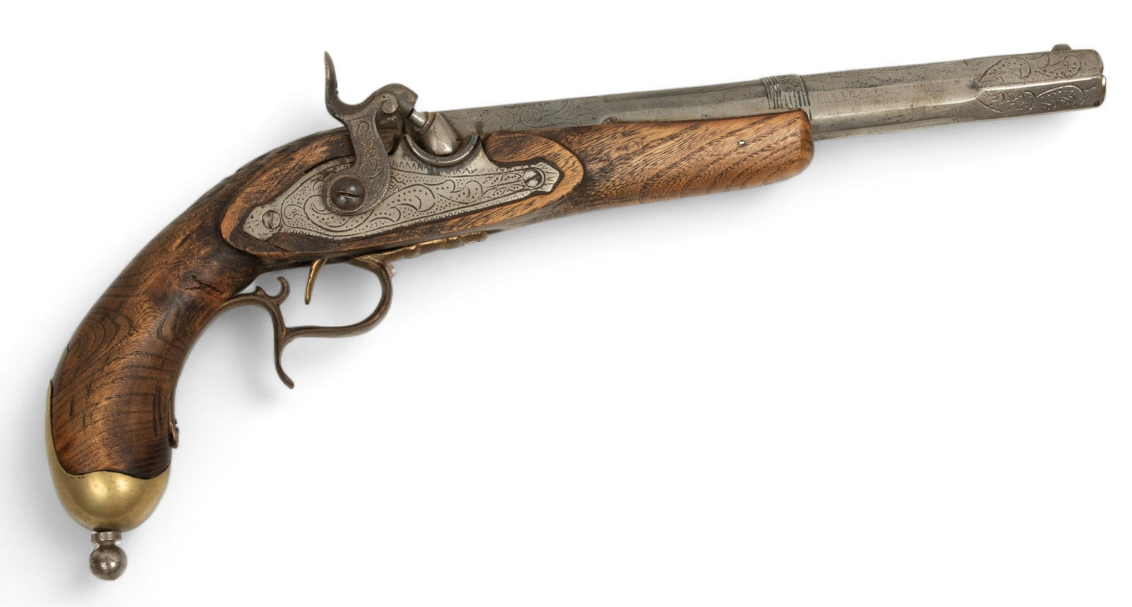 Spanish Replica Percussion Cap Pistol, Ca. 20th C., L 15": Spanish Replica Percussion Cap Pistol, Ca. 20th C., L 15" | Octagonal barrel with foliate engraving. Three indiscernible markings at the barrel flat. Brass end butt cap and trigger guard. Display pist