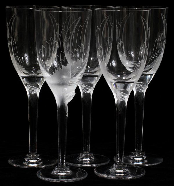 110008 LALIQUE CUT CRYSTAL WINE GLASSES, FIVE, H 8"