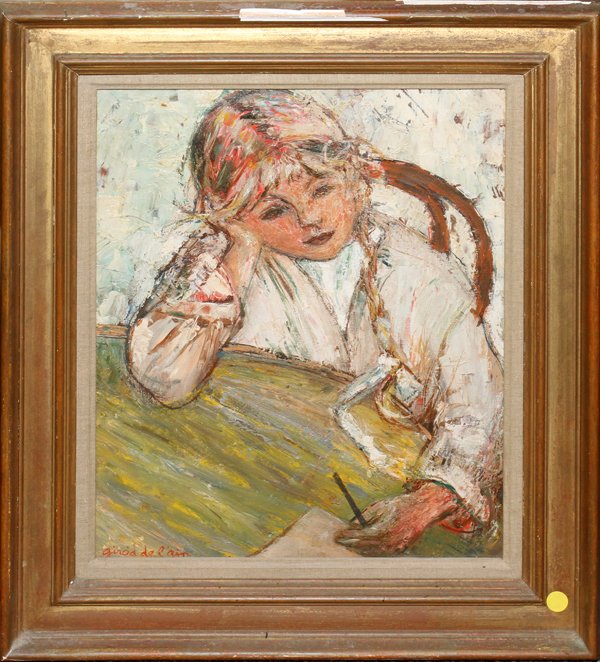 GIROD DE CAIN, OIL ON CANVAS, H 18" X L 15",: GIROD DE CAIN, OIL ON CANVAS, H 18" X L 15", GIRL WRITING LETTER:Girod de Cain, Oil on Canvas. H 18" x 15". Depicts a pensive girl in a chair writing a letter.