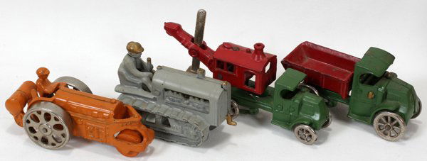 HUBLEY TOY BOXED CONSTRUCTION IRON TRUCK SET: HUBLEY TOY BOXED CONSTRUCTION CAST IRON TRUCK SET, C. 1930'S, 4 PIECES, & ORIGINAL BOX:c. 1930's, includes cast iron shovel truck, dump truck, tractor and road roller, nickel wheels, multi colored toy