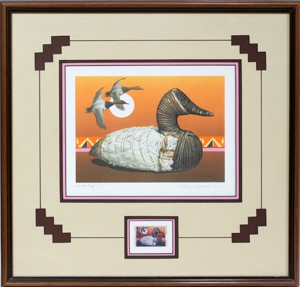 LARRY HAYDEN DUCK LITHOGRAPH AND STAMP 1979 6": LARRY HAYDEN [AMERICAN B. 1934] DUCK LITHOGRAPH AND STAMP 1979 6" X 9" "TULE DECOY A.D. 1000":A printers proof edition 1/5. Accompanied by a Nevada Department of Wildlife Duck Stamp. Pencil signed and