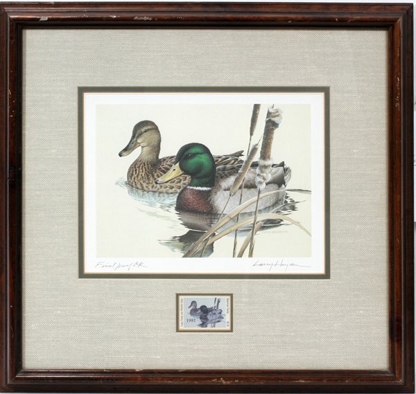 LARRY HAYDEN DUCK LITHOGRAPH AND STAMP 1981 6": LARRY HAYDEN [AMERICAN B. 1934] DUCK LITHOGRAPH AND STAMP 1981 6" X 9" "WATERFOWL STAMP":An OK'd Final Proof. Accompanied by a Texas Parks and Wildlife Dept. Waterfowl Stamp dated 1981. Framed and mat