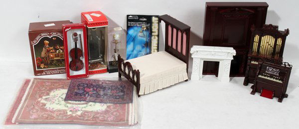MINIATURE DOLL HOUSE FURNITURE, APPROX 36 PCS.: MINIATURE DOLL HOUSE FURNITURE, APPROXIMATELY 36 PCS.:includes: two miniature organs, bed, fire place mantels, wood burning cook stove and free standing stove, floor lamps, cello, etc.