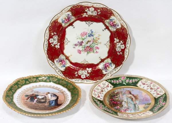 PORCELAIN MISCELLANEOUS PLATE GROUPING, 3,: PORCELAIN MISCELLANEOUS PLATE GROUPING, 3, DIA 9 1/2" - 11":Including 1 Royal Bayreuth Bavarian plate in berry color; 1 Austrian hand painted plate with goddess; and 1 hand painted plate with peasants