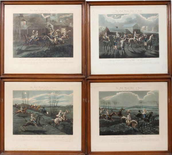 AFTER HENRY THOMAS ALKEN, PRINTS 4, 17" X 19": AFTER HENRY THOMAS ALKEN, PRINTS FOUR, 17" X 19", 'THE FIRST STEEPLE-CHACE ON RECORD':After an engraving by J Harris with individual titles including "The last field near Nacton Heath", "The large fie