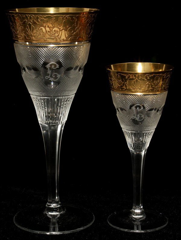 MOSER 'SPLENDID (GOLD)' GLASS WINES, FIVE,: MOSER 'SPLENDID (GOLD)' GLASS WINES, FIVE, H 5 3/4" & 7 7/8":Including 2 port wines, H.5 3/4", and 3 white wines, H.7 7/8"; each bowl having a gold encrusted border and cut oval windows, raised on a p