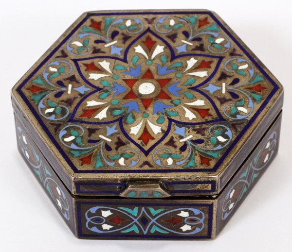 RUSSIAN SILVER & CHAMPLEVÉ ENAMEL BOX, MOSCOW,: RUSSIAN SILVER & CHAMPLEVÉ ENAMEL BOX, MOSCOW, 1888, W 2 1/4":Hexagonal hinged box with hallmarks at the interior indicating .875 silver, Moscow, unknown maker's mark "GK" and assayer's mark, 1888, e