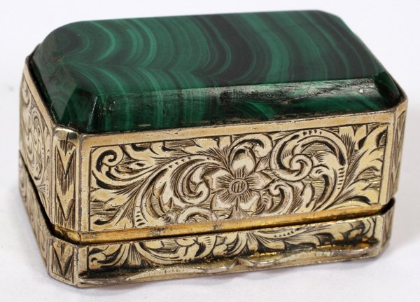VICTORIAN STERLING & MALACHITE VINAIGRETTE: VICTORIAN STERLING & MALACHITE VINAIGRETTE BY SAMPSON MORDAN, LONDON, 1867-68, W 1 1/4":Rectangular sterling silver case with floral and scroll motifs, hinges open to grille, the cover inset with gree