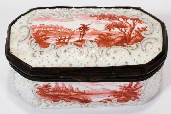 EUROPEAN ENAMEL SNUFF BOX, EARLY 19TH C.,: EUROPEAN ENAMEL SNUFF BOX, EARLY 19TH C., W 2 1/4":White enamel box with hinged cover hand-painted in brick red with a figure in a provincial setting and a landscape at each side, incuse initials at t