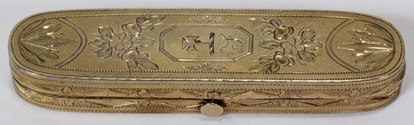 GEORGIAN SILVER GILT SNUFF BOX, BIRMINGHAM,: GEORGIAN SILVER GILT SNUFF BOX, BIRMINGHAM, 18TH C., W 2 1/2":Sterling silver gilt hinged box with bright cut motifs and engraved initial; partially rubbed hallmarks at the interior.