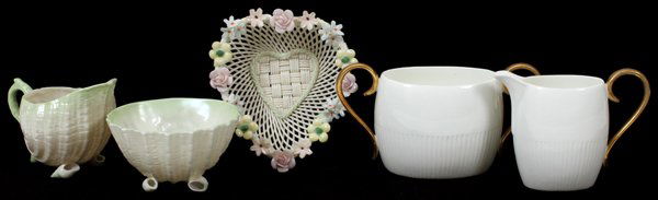 BELLEEK & BROWN-WESTHEAD MOORE & CO. CREAMERS,: BELLEEK & BROWN-WESTHEAD MOORE & CO. PORCELAIN CREAMERS, SUGAR BOWLS & BASKET, FIVE PIECES:Belleek porcelain includes 1 creamer and 1 sugar bowl in the "Neptune" pattern, trimmed in green (Third mark,