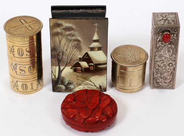 SILVER & LACQUER BOXES AND HOLY VESSELS, 5 PCS: SILVER & LACQUER BOXES AND HOLY VESSELS, EARLY-LATE 20TH C., FIVE PIECES, L 1"-2 1/2":Including 1 holy oil vessel, compartmented, not marked, H.2"; 1 sterling oil stock with finger ring; 1 cinnabar bo
