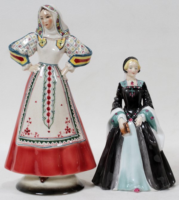 ITALIAN POTTERY FIGURE, H 10", & ROYAL DOULTON: ITALIAN POTTERY FIGURE, H 10", & ROYAL DOULTON 'JANICE' FIGURE:Marked "Sarda, Italy", H 10". Along with a Royal Doulton figure, 'Janice' HN2165. Two items total.