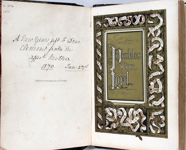 HENRY NOEL HUMPHREY'S BOOK PARABLES OF OUR LORD: HENRY NOEL HUMPHREY'S ILLUMINATED BOOK 'PARABLES OF OUR LORD', WITH CHROMOLITHOGRAPHS, 1846:With papier mache boards that are covered in black plaster. Chromolithographs throughout; date and "HN" on t