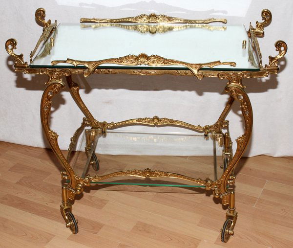 ITALIAN BRASS TEA CART, H 26", W 17", L 32": ITALIAN BRASS TEA CART, H 26", W 17", L 32":
