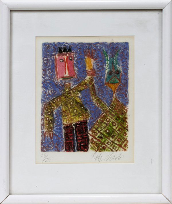 ROLF NESCH [GERMAN], COLOR METAL PRINT,: ROLF NESCH [GERMAN 1893-1975], COLOR METAL PRINT, 1968, 9 1/4" X 7 1/2", "GULT HODE":Signed lower left and numbered edition 23/25. Framed and matted under glass. Orchard Lake Art Center label on verso