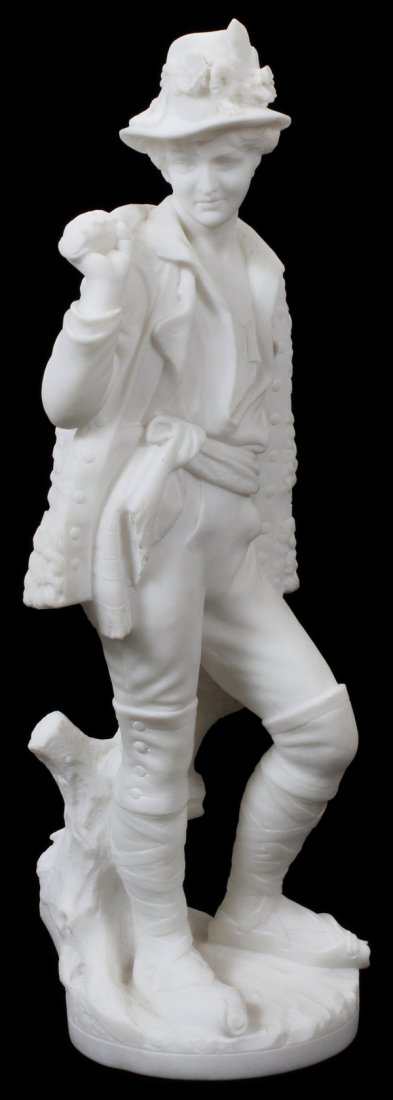 ANTONIO FRILLI, CARVED CARRARA MARBLE SCULPTURE: ANTONIO FRILLI (ITALIAN 20TH C.), CARVED CARRARA MARBLE SCULPTURE, H 24", STANDING PEASANT BOY:H 24 /12"; signed "A. Frilli, Firenze