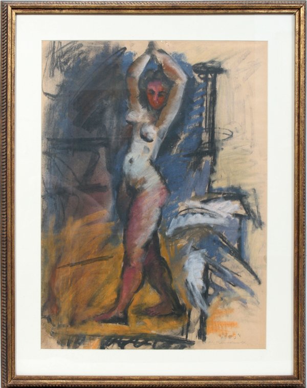 HANS GUSTAV BURKHARDT (USA), PASTEL ON PAPER: HANS GUSTAV BURKHARDT (USA 1904-1994), PASTEL ON PAPER, 23 1/4" X 17 1/4" SIGHT, FEMALE NUDE DANCER:Standing figure of a nude female; signed and dated 1942 lower right; framed.