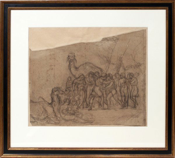 SCHOOL OF EUGÈNE DELACROIX (FRENCH 1798-1863): SCHOOL OF EUGÈNE DELACROIX (FRENCH 1798-1863), CHARCOAL DRAWING ON PAPER, 19TH C., 17" X 21":Desert scene with families amongst 2 camels; unsigned; irregular shape - an irregular fragment of a larger