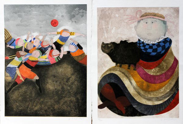 GRACIELA RODO BOULANGER (BOLIVIAN, B.) ETCHINGS: GRACIELA RODO BOULANGER (BOLIVIAN, B. 1935), ETCHINGS, TWO, 30" X 22":Including 1 image of a group of boys involved in a sport, 36/250, and 1 image of a woman and a cat, 140/250. both are pencil signe
