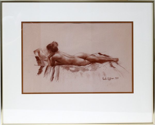 PAOLO COPPINI [ITALY 20TH C.] DRAWING 1977: PAOLO COPPINI [ITALY 20TH C.] DRAWING 1977 14" X 22" RECLINING FEMALE:Signed lower left. Framed and matted under glass.