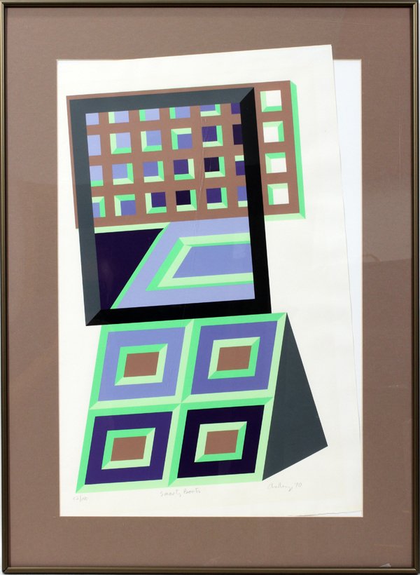 MICHAEL CHALLENGER (BRITISH, 1939), SERIGRAPH: MICHAEL CHALLENGER (BRITISH, 1939), SERIGRAPH, 52/150, 1970, 22" X 15", 'SMARTY BOOTS':Geometric image in colors of brown, black, grey, purple, and green. Numbered, titled, signed, and dated in pencil