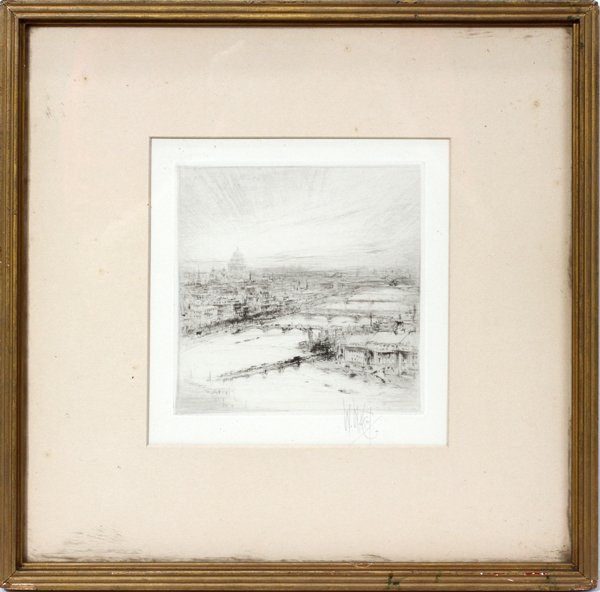 WILLIAM WALCOT, BRITISH 1874 - 43, ETCHING: WILLIAM WALCOT, BRITISH 1874 - 43, ETCHING, 5" X 4 3/4", "THE POOL LONDON":Pencil signed. Framed. Label on reverse: M. Knoedler & CO. , 556 Fifth Ave. N.Y. Size is paper size.