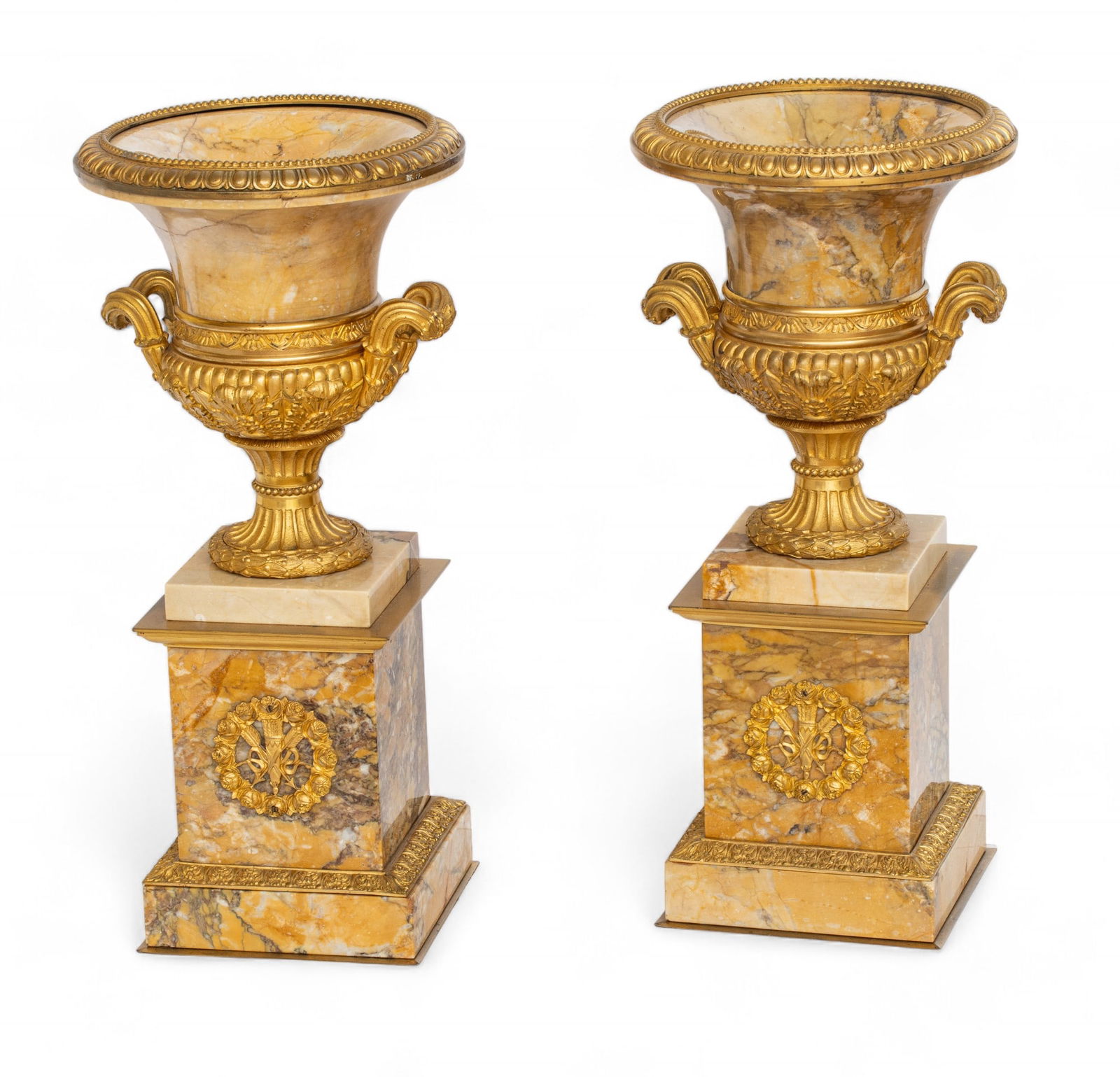French Empire Style Mercury Gilded Bronze And Brèche D'Alep Marble Urns on Pedestals Ca. 1900, (1 of 5)