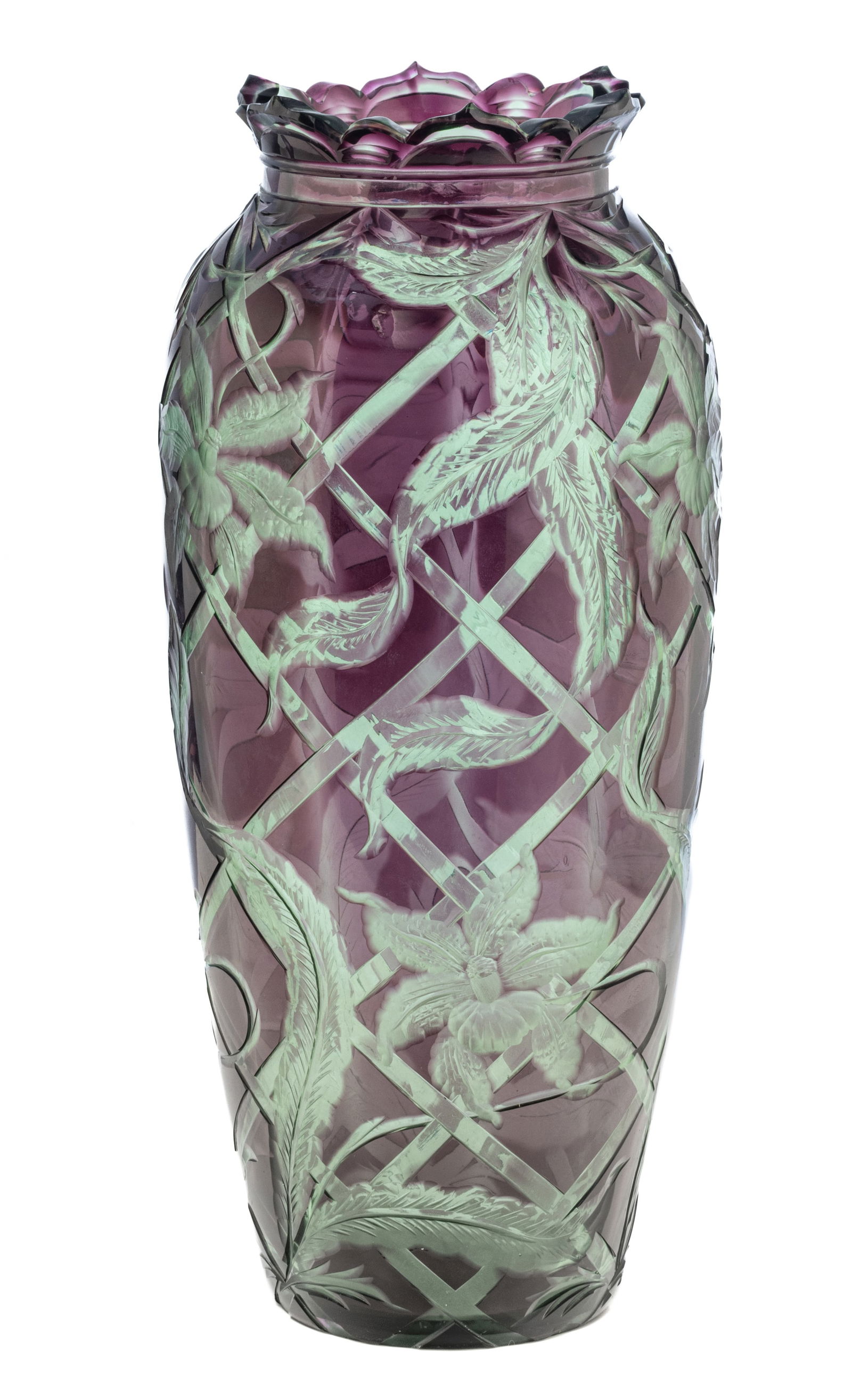 Thomas Webb & Sons for Tiffany & Co. Tricolor Amethyst Intaglio Cut to Green on Clear Vase Ca. 1880,: Thomas Webb & Sons for Tiffany & Co. Tricolor Amethyst Intaglio Cut to Green on Clear Vase Ca. 1880, H 12" Dia. 5" | with iris and trellis design, the glass vase with scalloped rim and star cut foot.