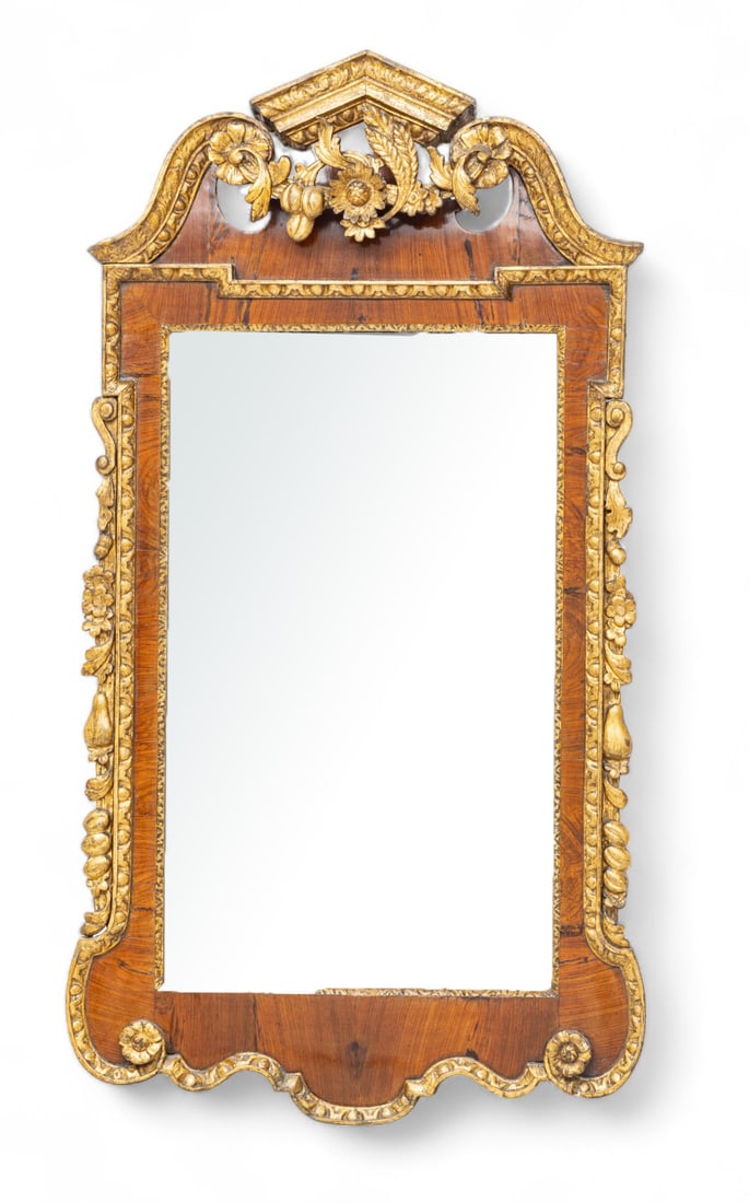 English George I Parcel Gilt And Walnut Veneer Mirror Ca. 1720, H 48.5" W 26.25" (1 of 3)