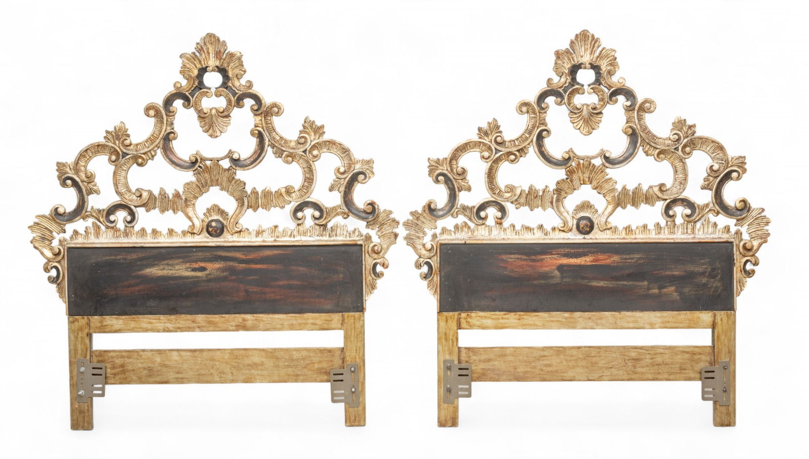 Venetian Hand Carved And Silver Gilded Headboards, Twin Size, Ca. 1900, H 56" W 53" 1 Pair: Venetian Hand Carved And Silver Gilded Headboards, Twin Size, Ca. 1900, H 56" W 53" 1 Pair | the headboards accommodate a twin-size mattress and bed frame. the headboards offer pierced scrolling motif