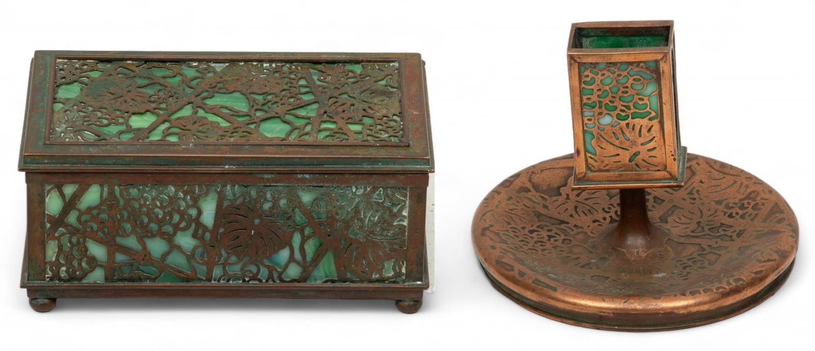 Tiffany Studios (American) Grapevine Etched Metal Cigarette Box & Match Safe Stand, H 3" W 6.5" (1 of 13)