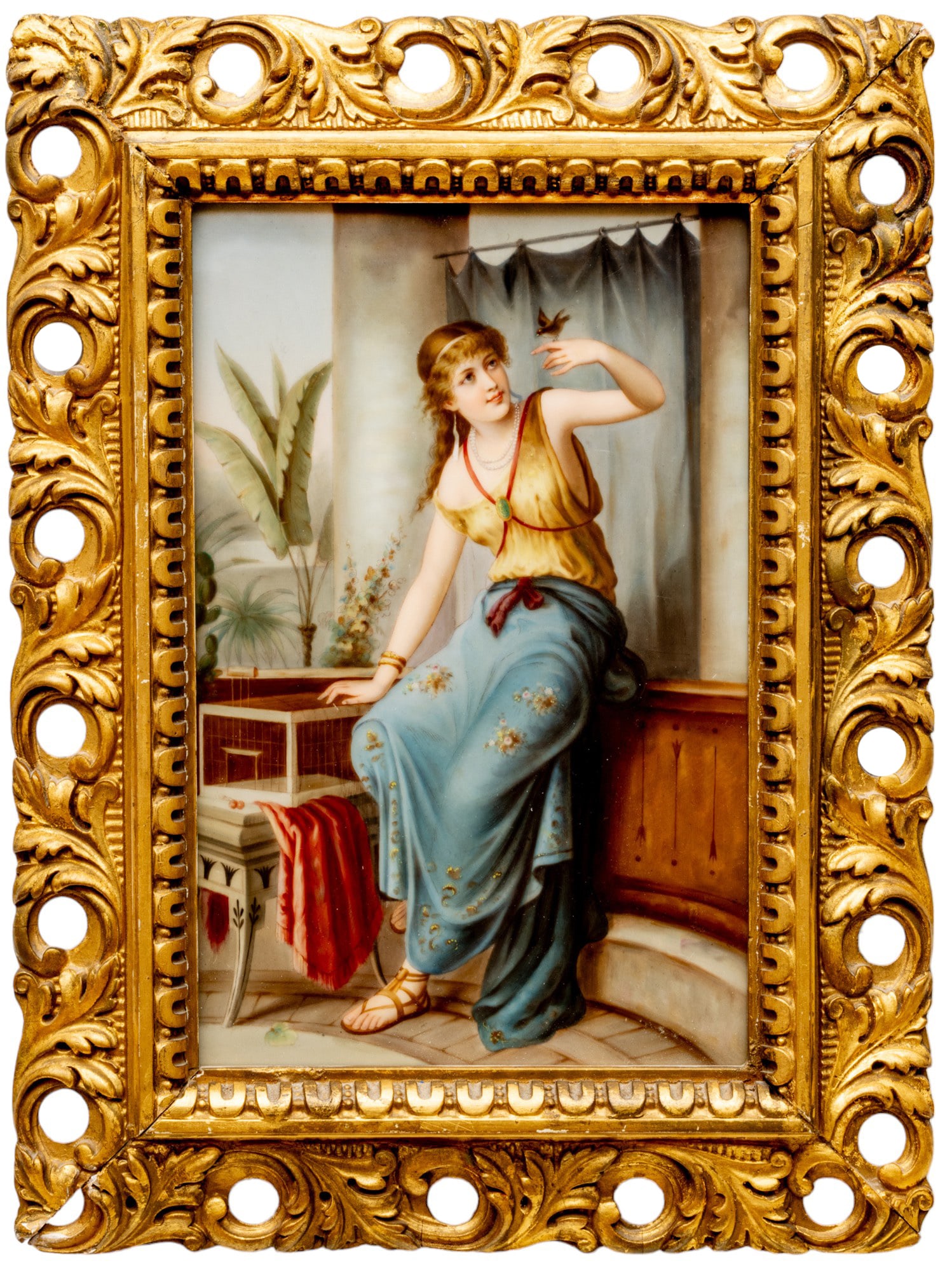 KPM - Königliche Porzellan-Manufaktur (German) Hand Painted Porcelain Placque Ca. 19th C., "The: KPM - Königliche Porzellan-Manufaktur (German) Hand Painted Porcelain Placque Ca. 19th C., "The Darling After (Diana) Coomans", H 9" W 6" | Depicting a woman in neoclassical draped garments holdi