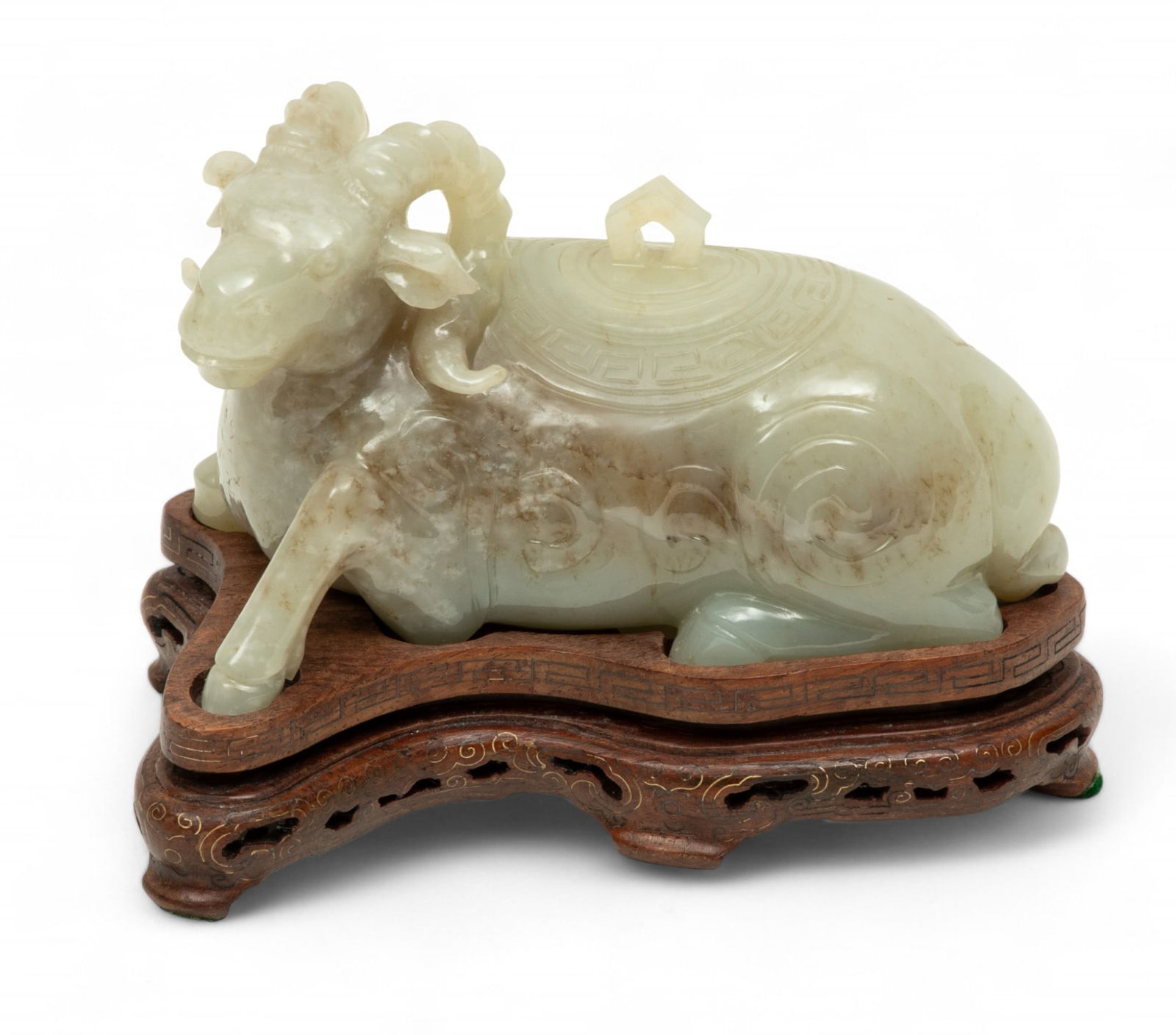 Chinese Carved Serpentine Covered Box, Recumbent Ram, H 3" W 2.75" L 5" (1 of 5)