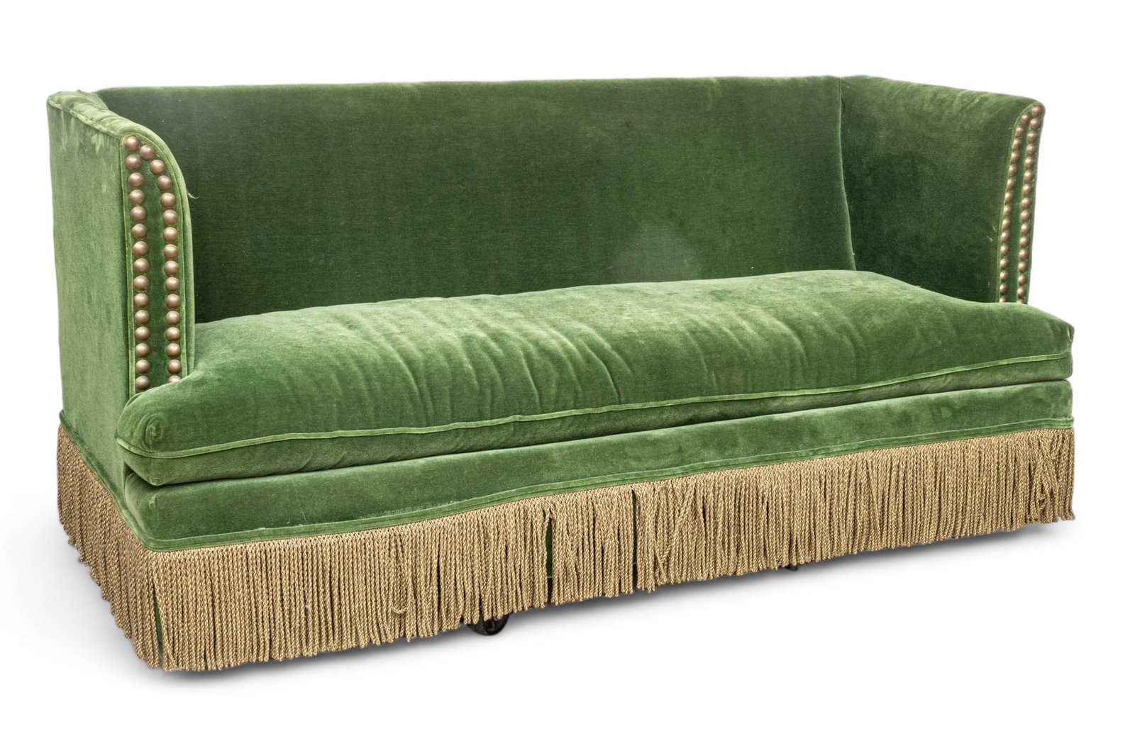 Green Mohair & Silk Tasseled Tuxedo Style Sofa, Ca. 20th C., H 38" W 83" Depth 35" (1 of 5)
