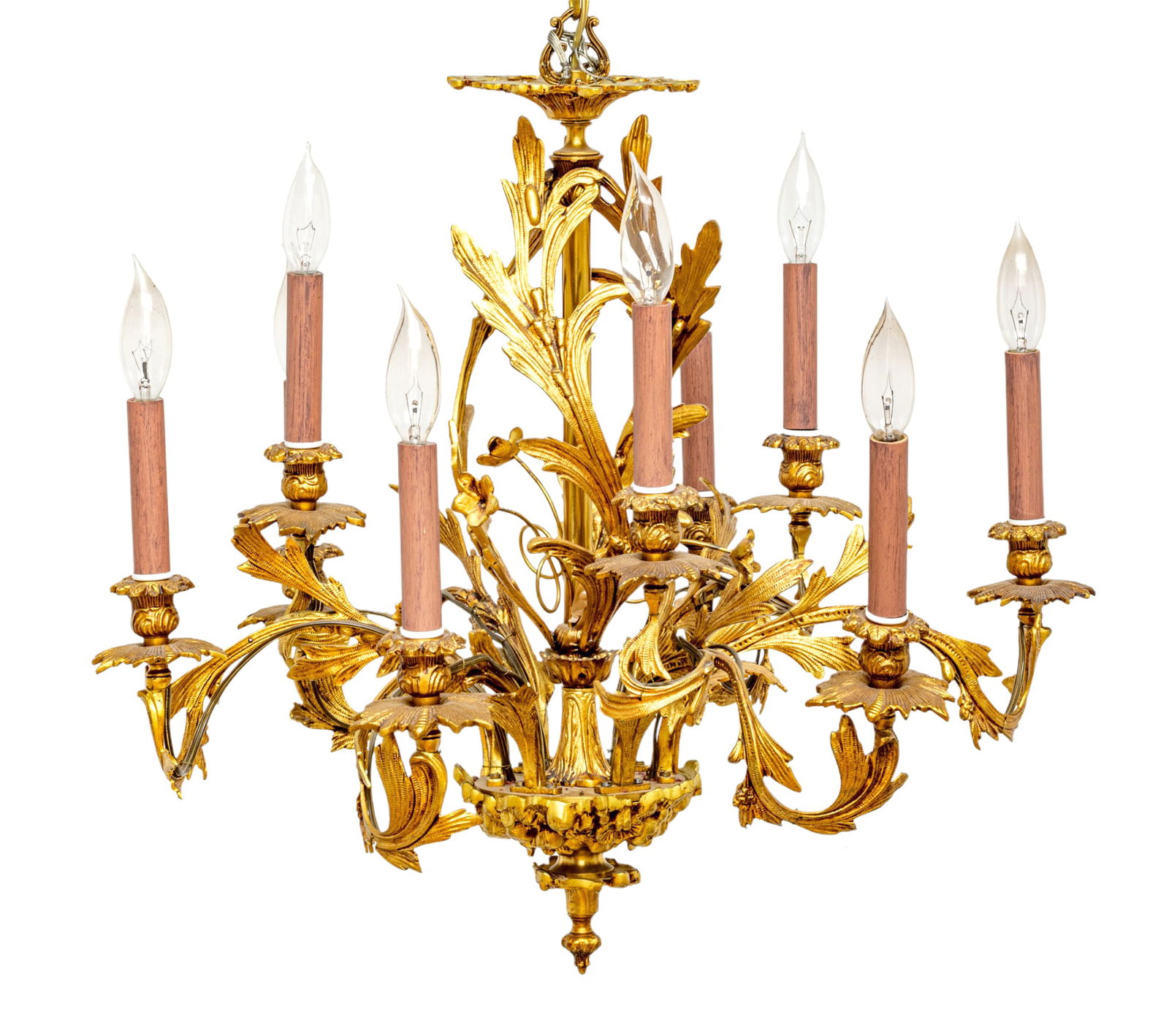 French Gilded Metal 9-Light Chandelier, Ca. 20th C., H 21" Dia. 25" (1 of 6)